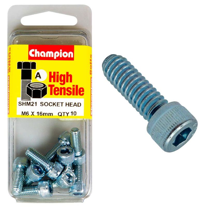 Champion Socket HD Set Screw M6 x 16, durable grade 12.9 steel, black oxide finish, ideal for heavy-duty fastening applications.