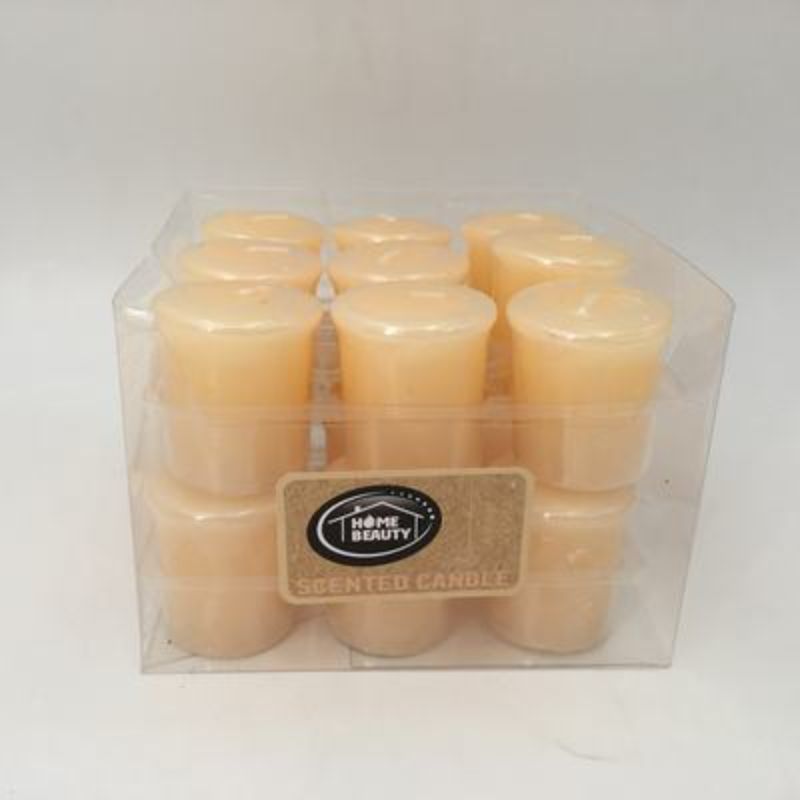 Set of 18 Beige Amber Vanilla votive candles, handcrafted for a cozy ambiance with a soothing 14-hour burn time.
