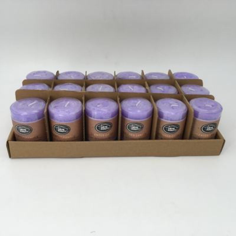 Set of 18 rustic purple scented candles, 5x7.5 cm, infused with lavender and vanilla for a warm, inviting atmosphere.