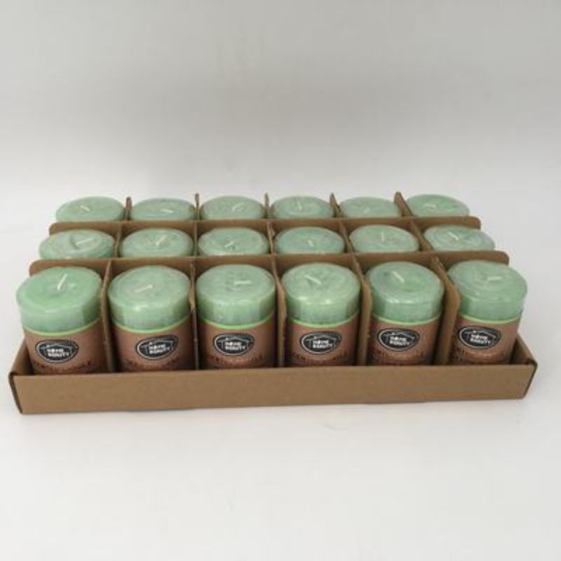 Rustic mint green scented candles, 5 x 7.5 cm, set of 18, perfect for decor, relaxation, and enhancing ambiance.