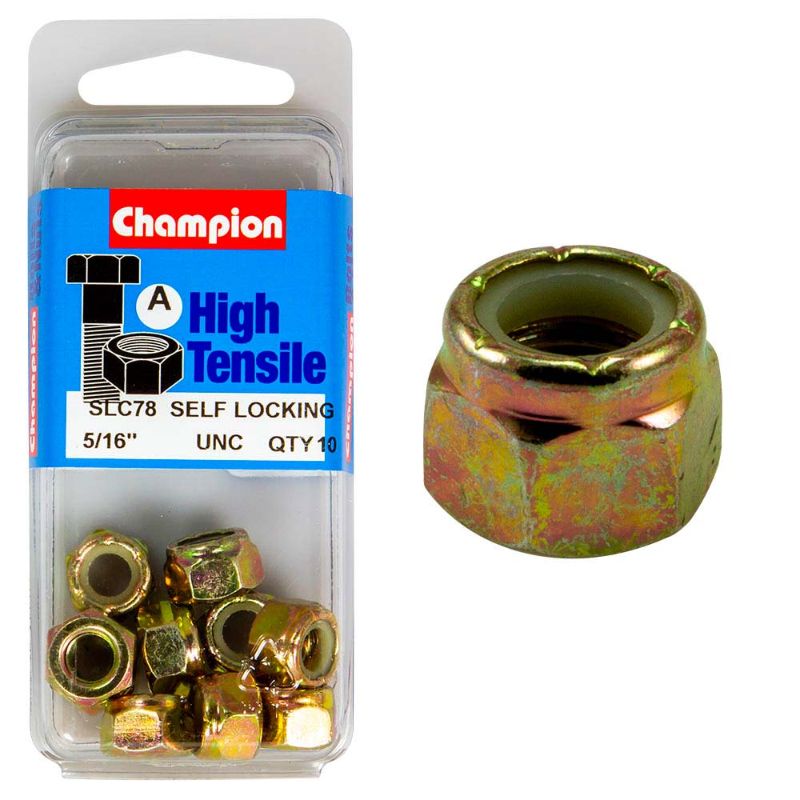 Champion Nyloc Nut UNC 5/16in (A) - GR5, a durable locknut with nylon insert for vibration resistance and secure fastening.