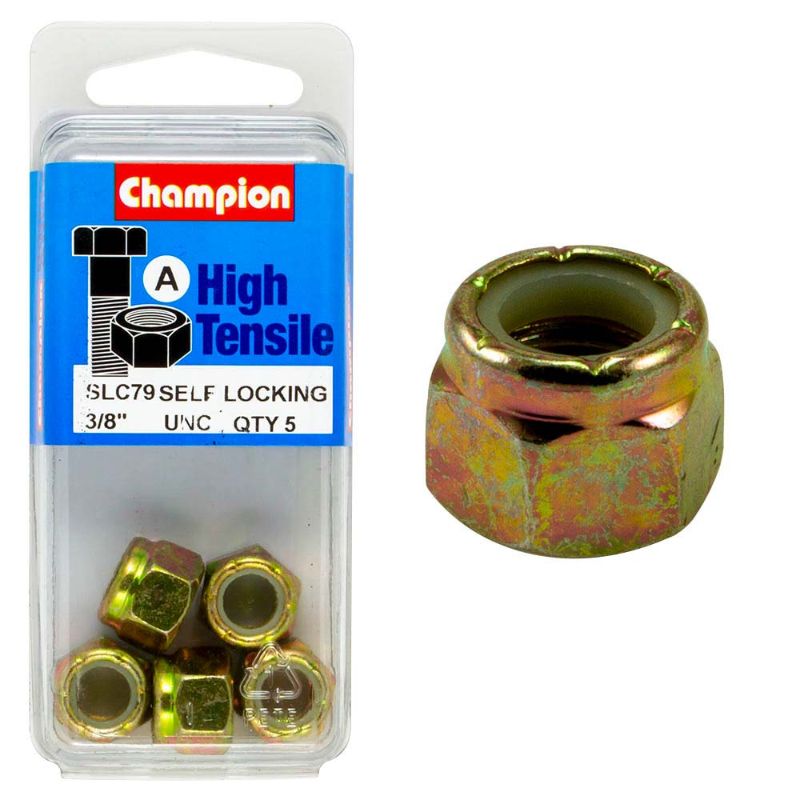 Champion Nyloc Nut UNC 3/8in GR5, a durable locking nut for secure fastening in automotive and construction projects.