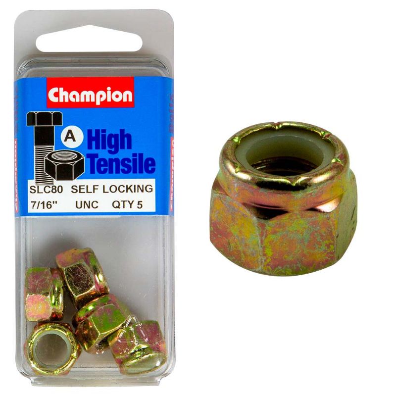 Champion Nyloc Nut UNC 7/16in (A) - GR5, a durable locking nut with nylon insert for strong grip in high-vibration environments.