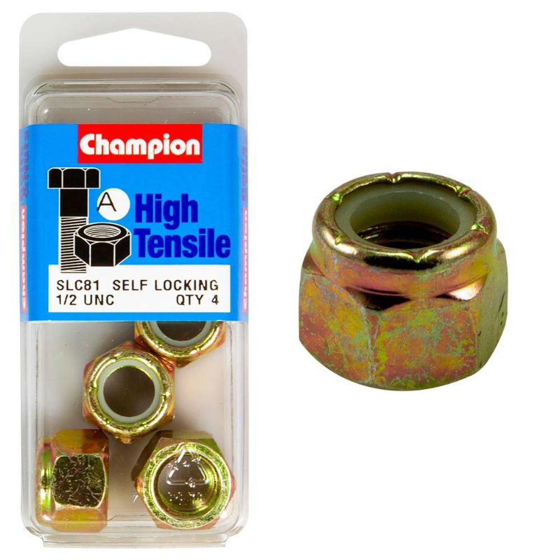 Champion Nyloc Nut UNC 1/2in (A) - GR5, a Grade 5 steel nut with nylon insert for secure fastening and vibration resistance.