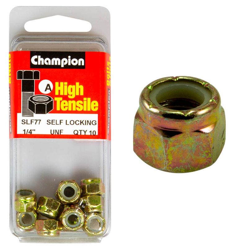 Durable Champion Nyloc Nut UNF 1/4in (A) - GR5 with nylon insert for secure fastening and corrosion resistance.