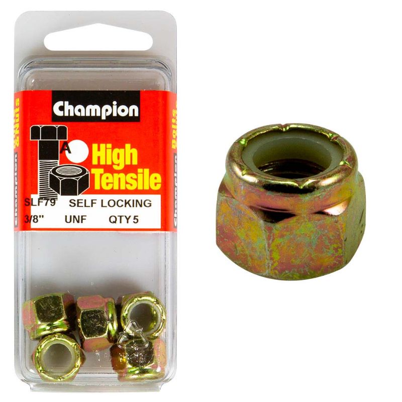 Champion Nyloc Nut UNF 3/8in (A) - GR5, a durable fastener with nylon insert to prevent loosening in various applications.