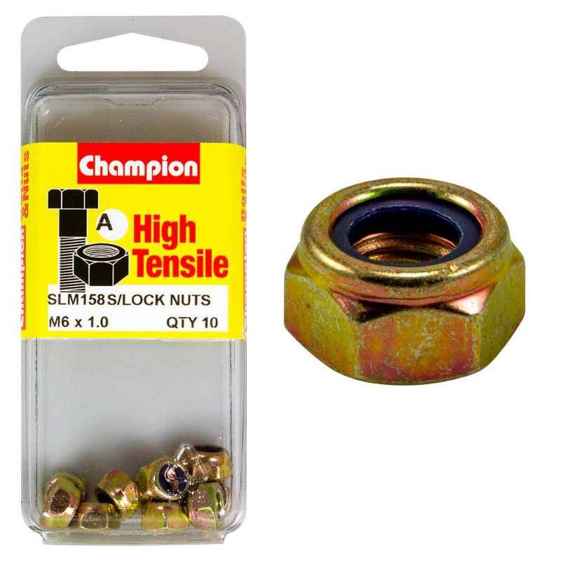 Champion Nyloc Nut M6 x 1.00 (A) - GR8.8, a durable fastening solution with nylon insert to prevent loosening under vibration.