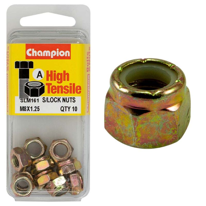 Champion Nyloc Nut M8 x 1.25 (A) - GR8.8, a durable steel nut with nylon insert for secure fastening in various applications.
