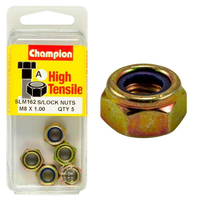 Champion Nyloc Nut M8 x 1.00 (A) - GR8.8, durable steel nut with nylon insert for secure fastening in mechanical applications.