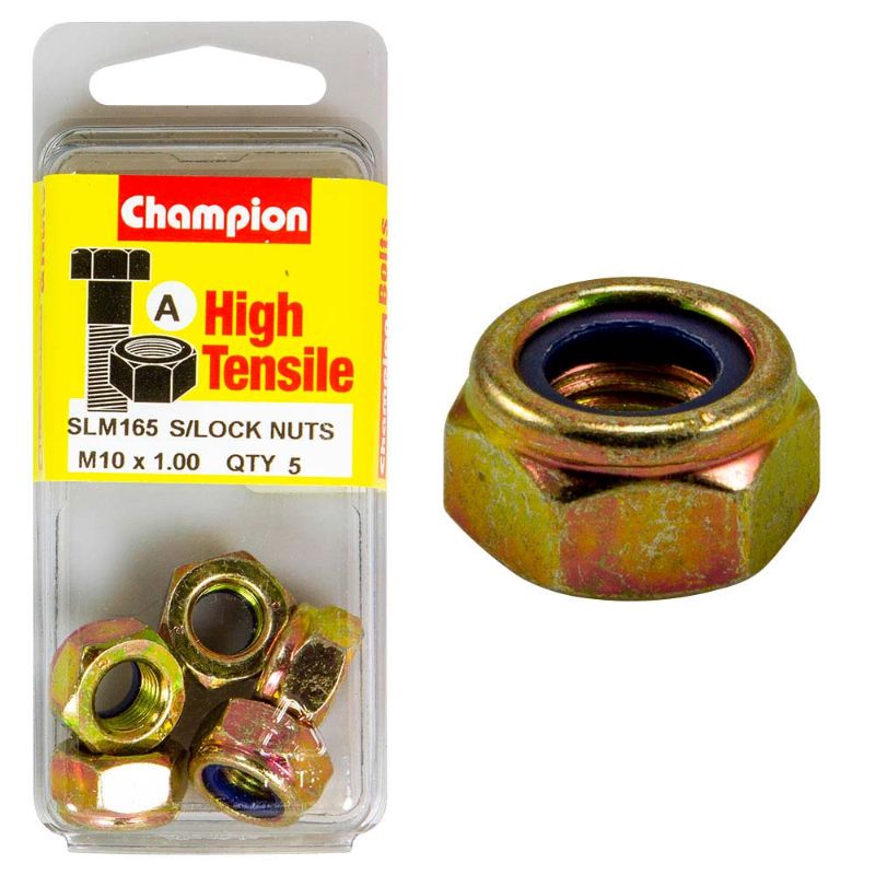 Champion Nyloc Nut M10 x 1.00 (A) - GR8.8, a robust nylon-insert locking nut for secure, vibration-resistant fastening.