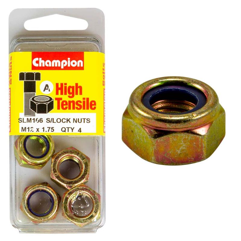 Champion Nyloc Nut M12 x 1.75 (A) - GR8.8, a durable fastener with nylon insert for enhanced grip and vibration resistance.