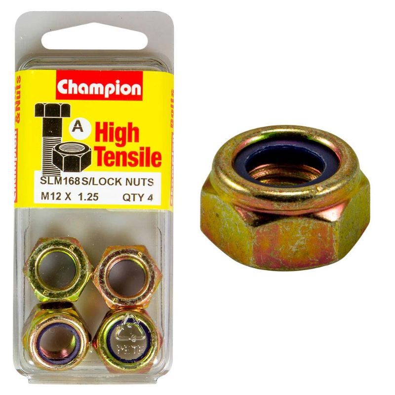 Champion Nyloc Nut M12 x 1.25 (A) - GR8.8, a durable, corrosion-resistant nut with nylon insert for secure fastening in heavy-duty applications.