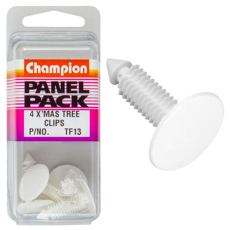 White Champion Xmas Tree Clips in a 4-pack, designed for easy assembly and stability of Christmas trees and ornaments.