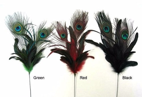Vibrant Red Feather/Peacock Spray featuring two peacock feathers on wire, ideal for crafts and event decorations, 57cm long.