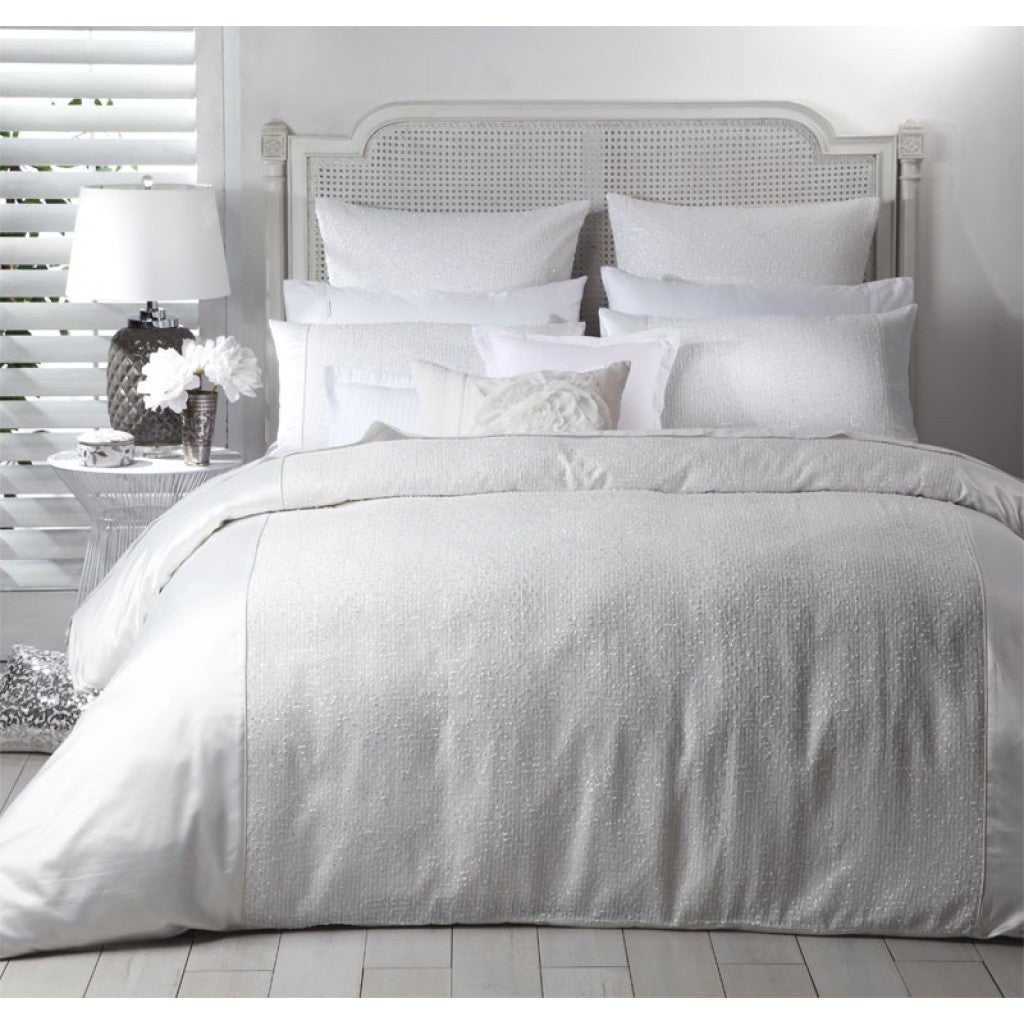 Elegant Peyton White Duvet Cover Set for queen bed, featuring chiffon center panel and beaded embroidery with satin accents.