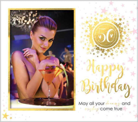 Elegant 50th Gold Foil picture frame, 6x4 inches, perfect for celebrating cherished memories and home decor.