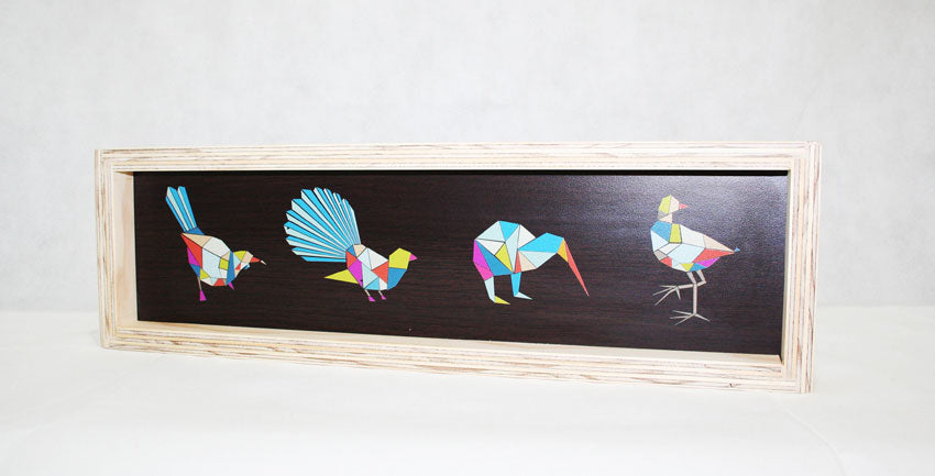 Native Birds Plywood Frame wall art featuring intricate bird designs, made from 18 mm thick plywood, 500 x 150 mm.