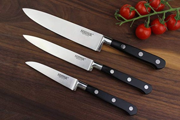 Three professional Sabatier kitchen knives in a starter set, featuring stainless steel blades and traditional French design.