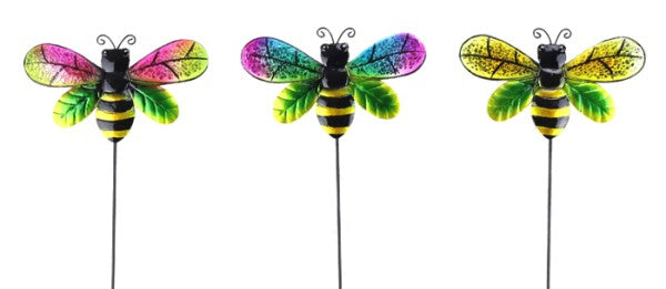 Three metallic-painted metal bee decorations on flexible wire, perfect for cake decorating and creative crafts.