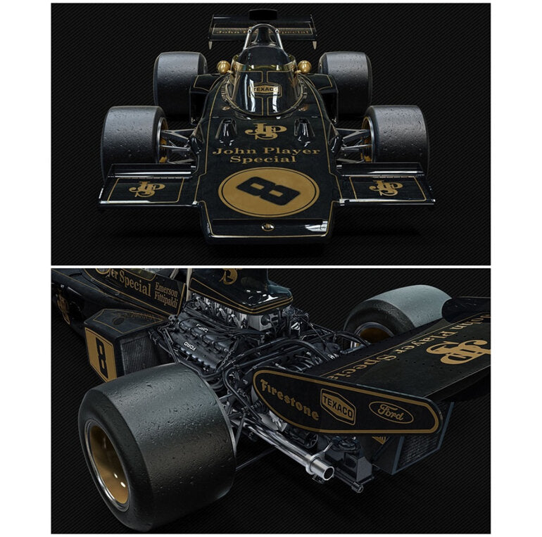 1/8 scale Diecast Kit of F1 Lotus 72, showcasing sleek design, intricate details, and a powerful Ford V8 engine replica.