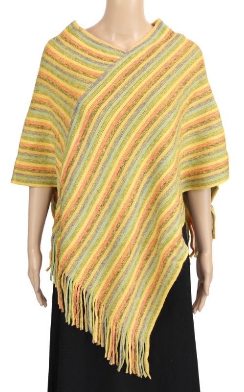 Stylish yellow poncho with diagonal stripes, made from 100% acrylic, offering warmth and versatility for any occasion.