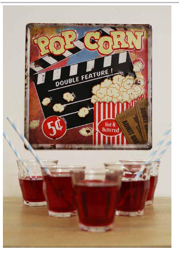 Colorful metal wall art plaque featuring a popcorn design, perfect for kitchens and movie-themed decor, size 30 x 30CM.