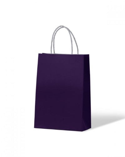 Vibrant purple kraft paper bags with twist handles, 29x20cm, eco-friendly, recyclable, and durable design for stylish packaging.
