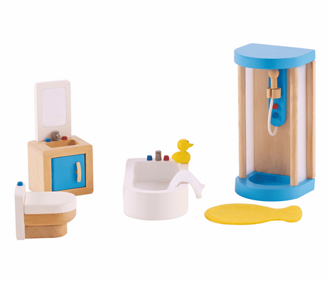 Stylish wooden bathroom furniture set for dollhouses, featuring a shower, bathtub, sink with mirror, toilet, and bathmat.
