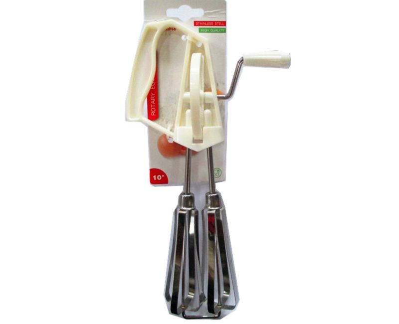 Two 10" Rotary Egg Beaters designed for effortless mixing and whisking, featuring a comfortable grip and durable construction.