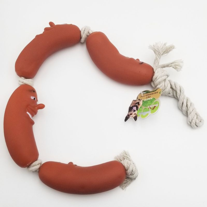 Colorful set of 3 pet sausage toys, durable, squeaky, perfect for fetching and chewing for small to medium dogs.