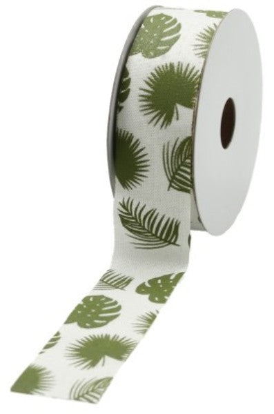 Eco-friendly white jute ribbon with vibrant green tropical leaf pattern, perfect for crafting and decorating projects.