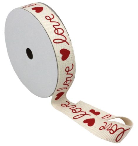 Cotton herringbone ribbon with love print, 25mm wide and 20m long, perfect for elegant crafting and decoration.