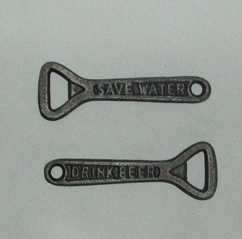 Eco-friendly solid cast iron bottle opener with vintage design, promoting water conservation while enjoying beer.