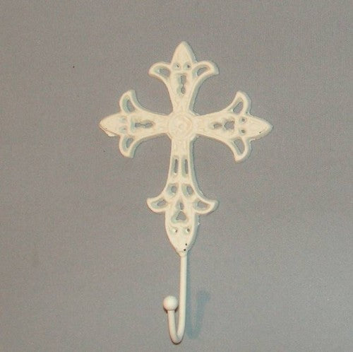 White cross hook made of solid cast iron, measuring 13x20cm, perfect for stylishly organizing coats and bags.