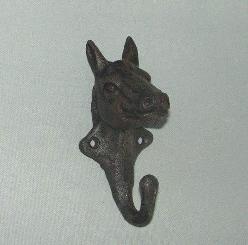 Decorative cast iron horse head hook, 125mm long, perfect for hanging bags or keys, ideal for horse lovers.