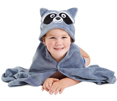 Soft grey raccoon towel made of 100% cotton, perfect for toddlers at bath time or beach days, measuring 120cm x 60cm.