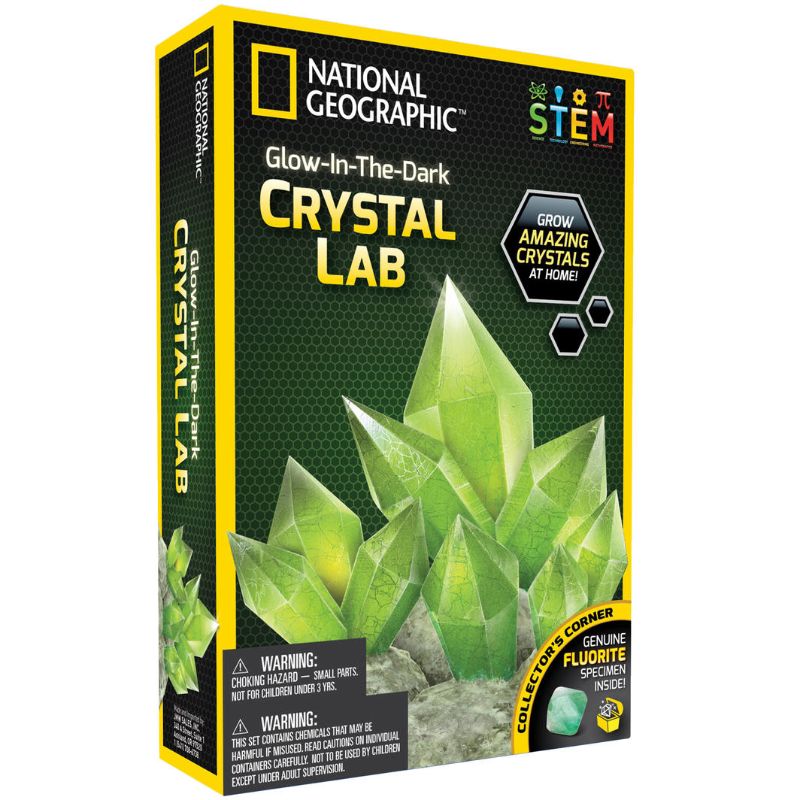 Green Crystal Lab by National Geographic, featuring a glow-in-the-dark crystal growing kit with fluorite crystal and learning guide.