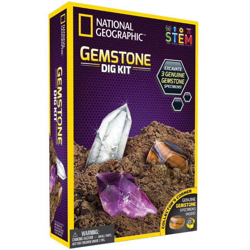 Hands-on National Geographic Gemstone Dig Kit for kids, featuring gemstones, digging tools, and a learning guide.