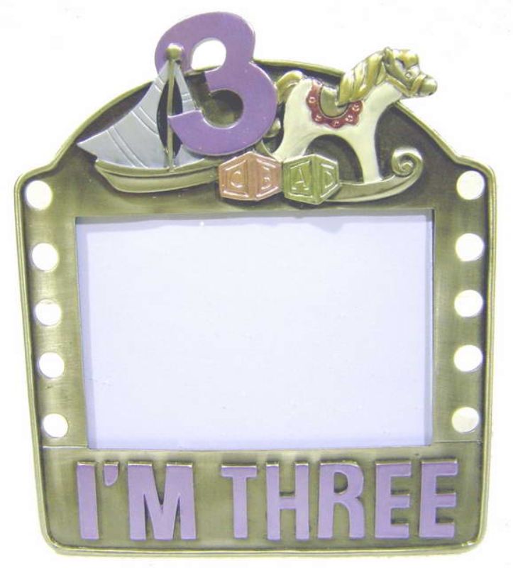Pewter photo frames set of 2 with "I'm Three" inscription, perfect for celebrating childhood milestones.