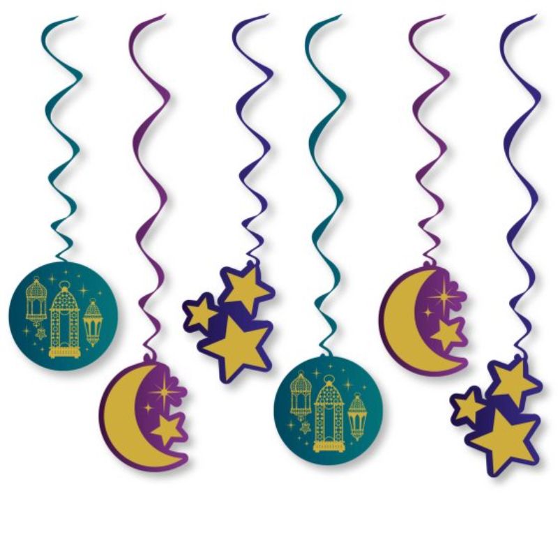 Colorful pack of 12 opulent Eid hanging swirl decorations, perfect for festive indoor and outdoor celebrations.