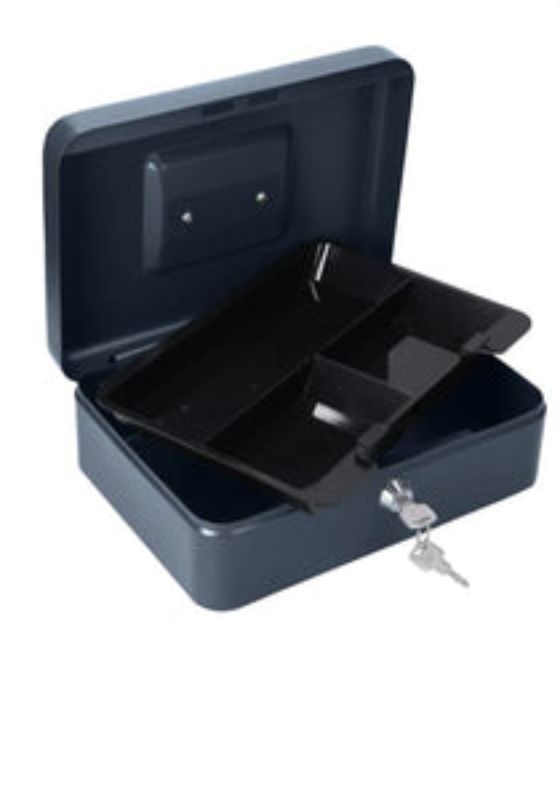 Locking cash box with coin tray, compact 250 x 180 x 80mm, secure storage for cash and coins, ideal for home or business use.