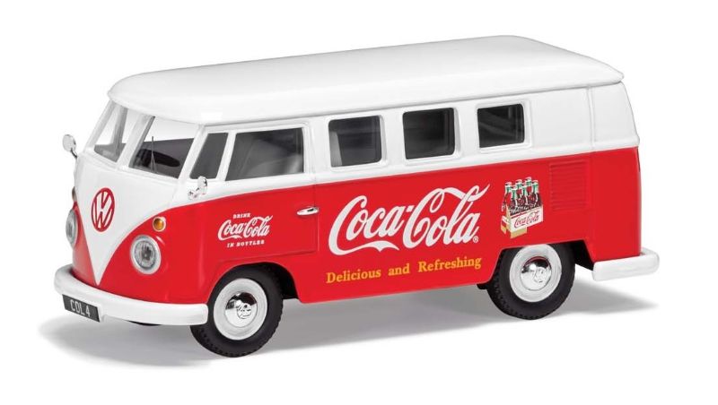 1/43 scale diecast model of a 1960s VW Camper in vibrant Coca-Cola livery, perfect for collectors and nostalgic fans.