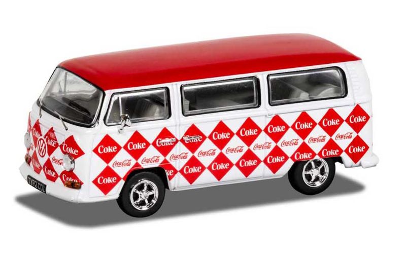 Detailed 1/43 diecast VW Camper van featuring vibrant Coca Cola branding, perfect for collectors and nostalgic display.