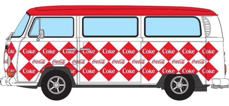 1/43 Coca Cola VW Camper diecast car featuring vibrant branding, ideal for collectors and display enthusiasts.