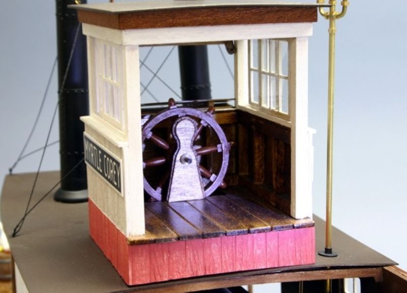 Detailed 38" model kit of the Myrtle Corey Rover Towboat featuring wooden components, paddlewheel, and customized electronics options.