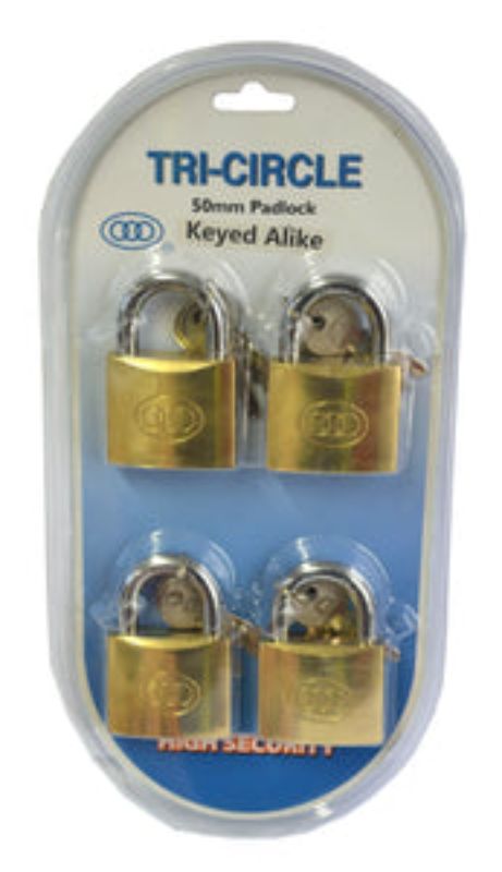 Set of 4 Tri Circle 50mm padlocks, keyed alike for convenience, heavy-duty steel, pick-resistant, ideal for secure storage.