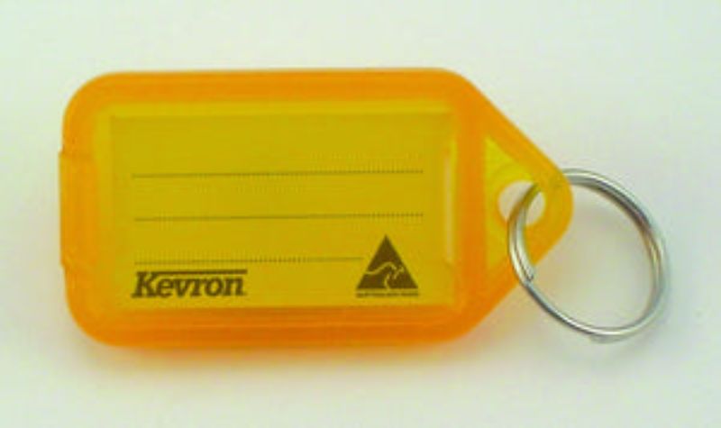Vibrant orange key tag holder with label, durable Kevron, easy to open, includes paper insert and stainless steel keyring.