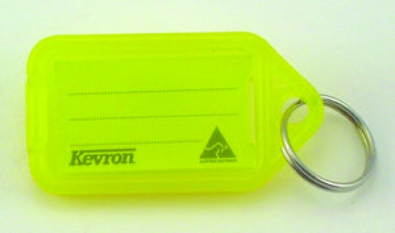 Key Tag Holder in loose yellow Kevron with easy-opening design, custom label insert, and stainless steel keyring.
