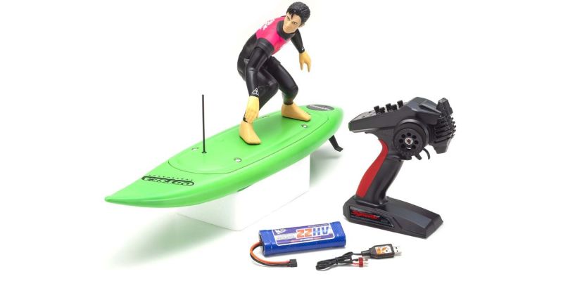 Kyosho EP RS Surfer Catch Surf RC boat with waterproof design, powerful motor, and pre-painted buoyant surfer figure.