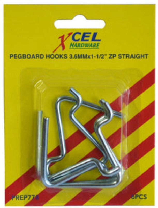Six straight pegboard hooks, 1/8 x 1.5", designed for efficient organization of tools and craft supplies in any space.
